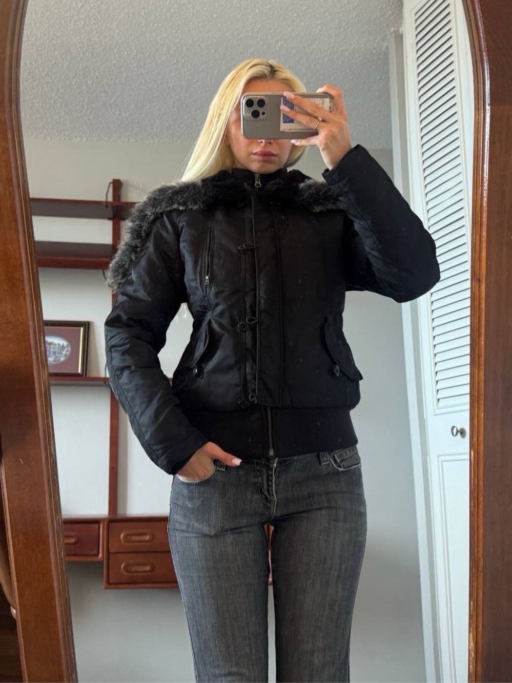 Y2K  Black Faux Fur Hood Winter Jacket
